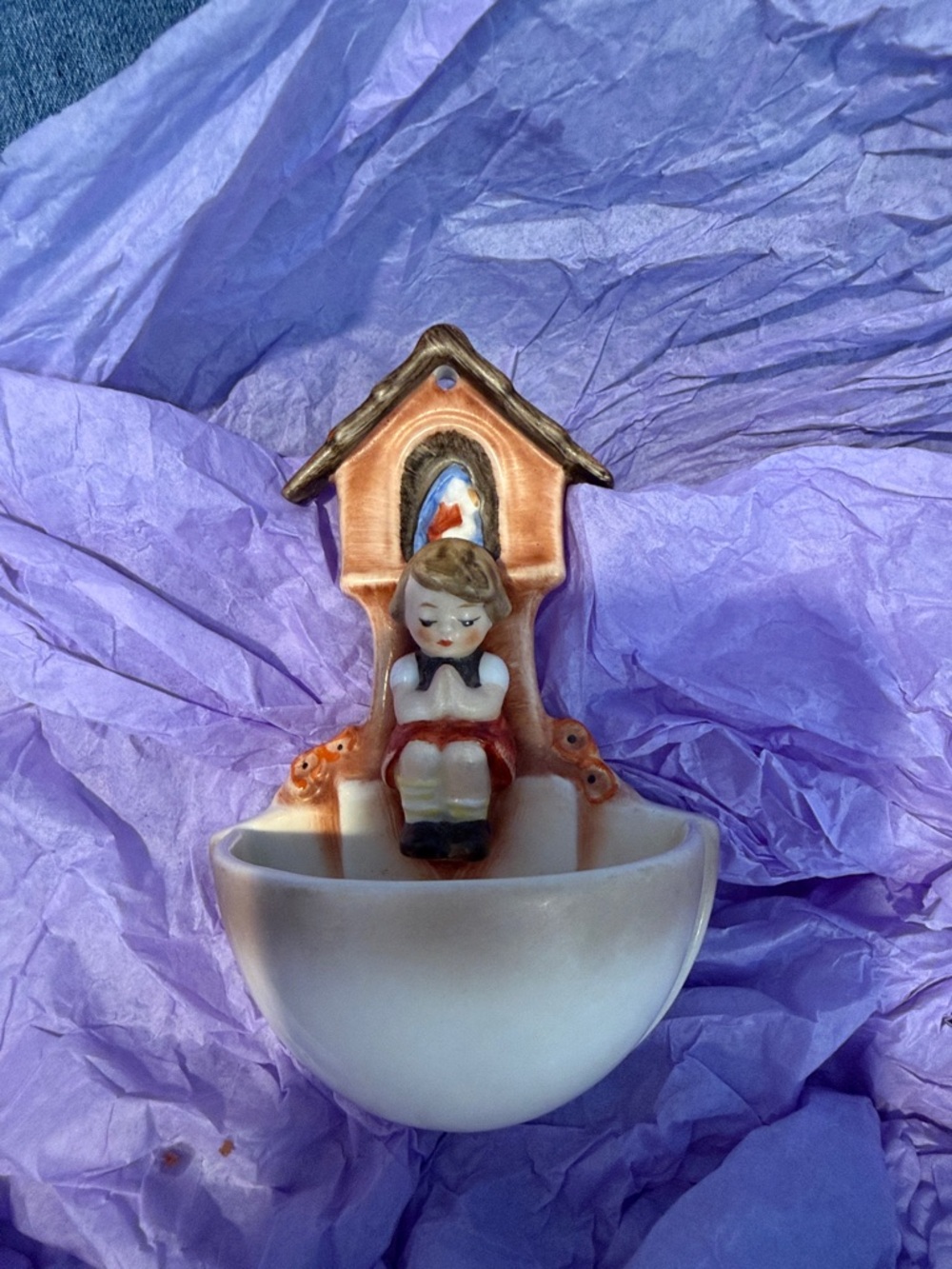 Goebel Ceramic Wall Pocket with Girl Figural Accent in Cream and Peach